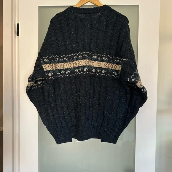 Vintage Dark Blue Crewneck Grandpa Sweater with Pattern - 10% Silk - Oversized L - Picture 3 of 5